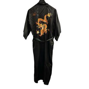 Passports by Pier 1 Kimono Robe Womens OS Black Satin Long Embroidered Dragon
